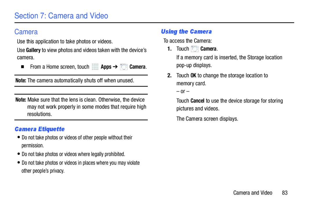 Samsung SM/P6000ZWYX, SMP9000ZKYXAR user manual Camera Etiquette, Using the Camera 