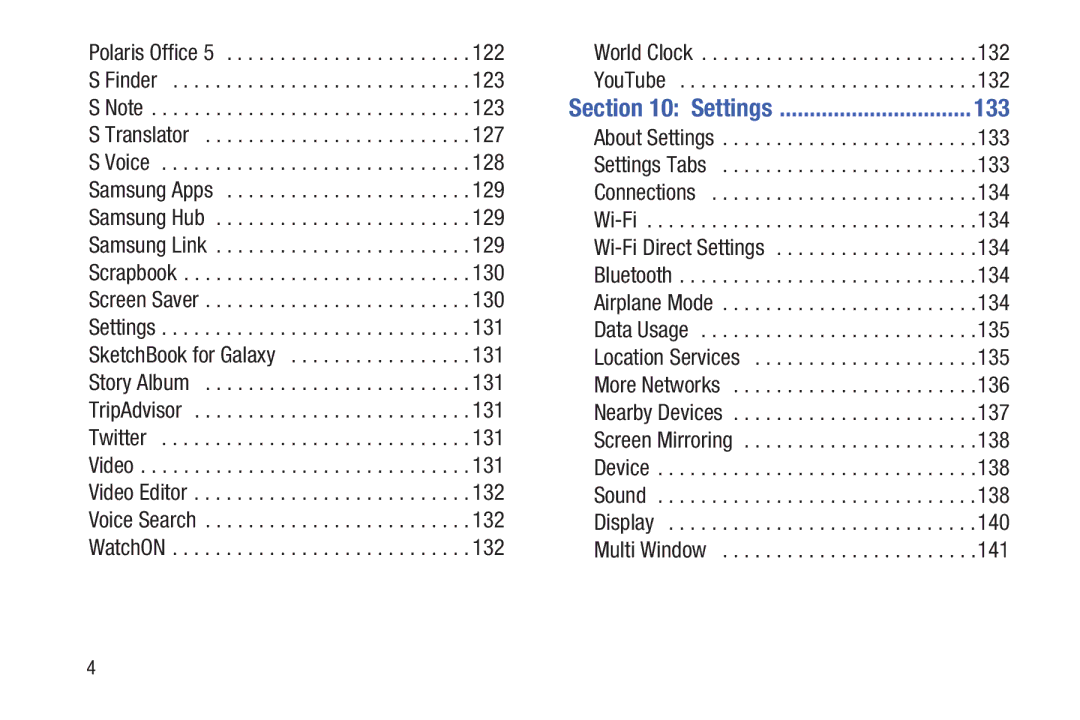 Samsung SMP9000ZKYXAR, SM/P6000ZWYX user manual Settings, 133 