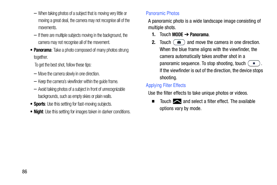 Samsung SMP9000ZKYXAR Panoramic Photos, Touch Mode Panorama, Camera automatically takes another shot in a, Shooting 