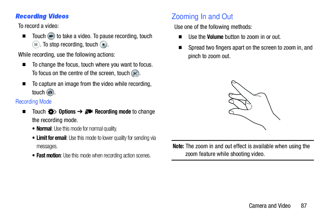 Samsung SM/P6000ZWYX, SMP9000ZKYXAR user manual Zooming In and Out, Recording Videos, Recording Mode 