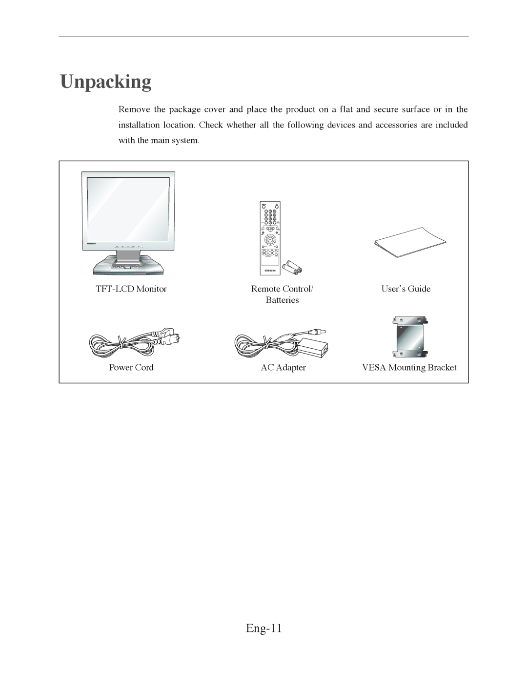 Samsung SMT-170MP manual Unpacking, Eng-11 