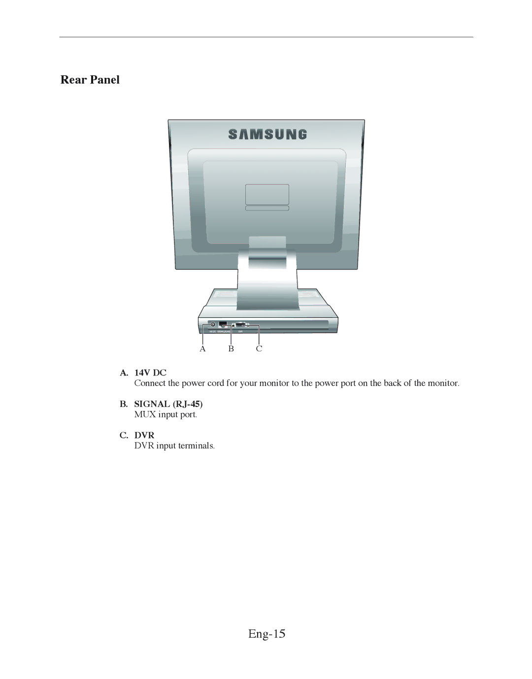 Samsung SMT-170MP manual Rear Panel, Eng-15, 14V DC, Signal RJ-45 MUX input port, Dvr 