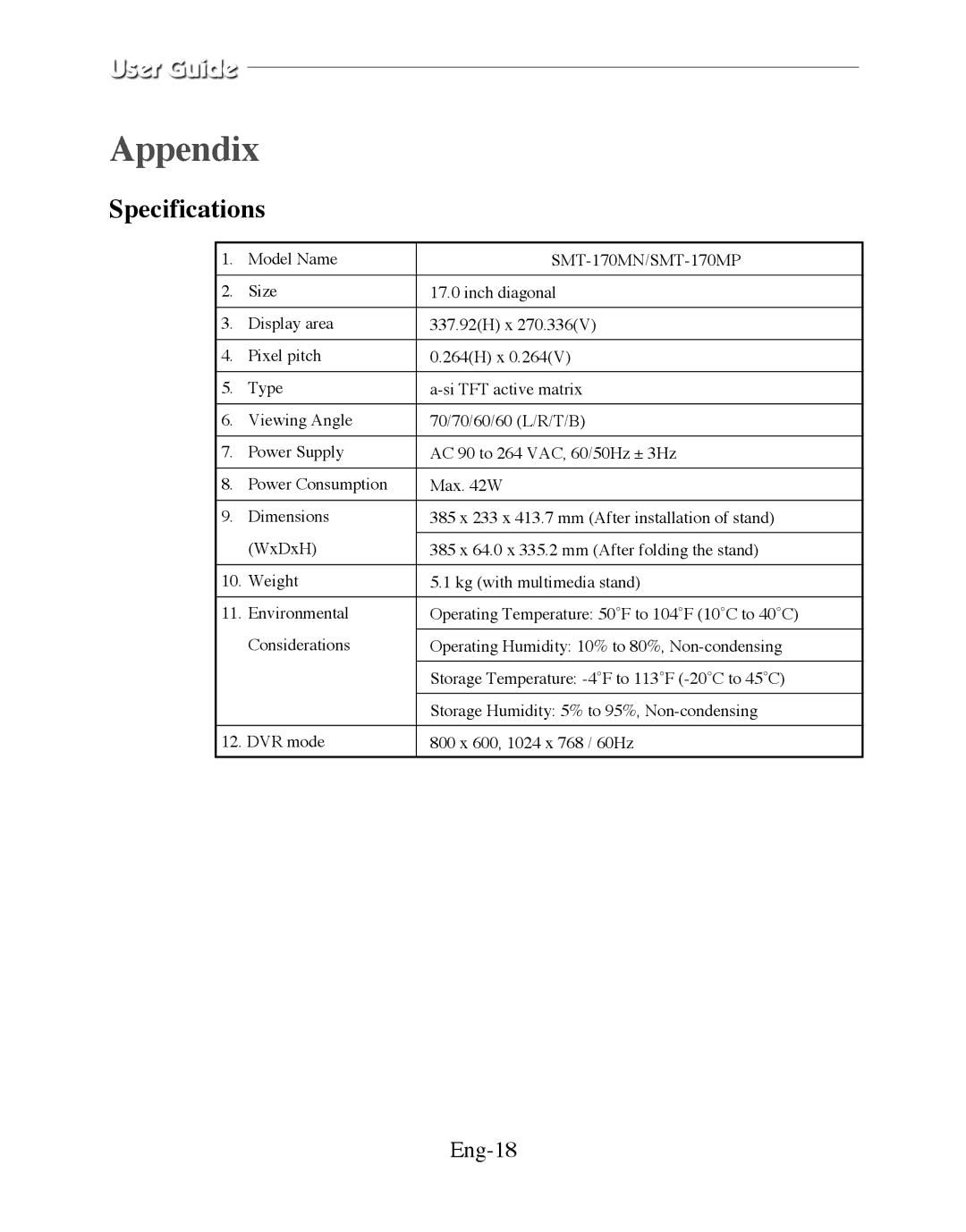 Samsung SMT-170MP manual Appendix, Specifications, Eng-18 