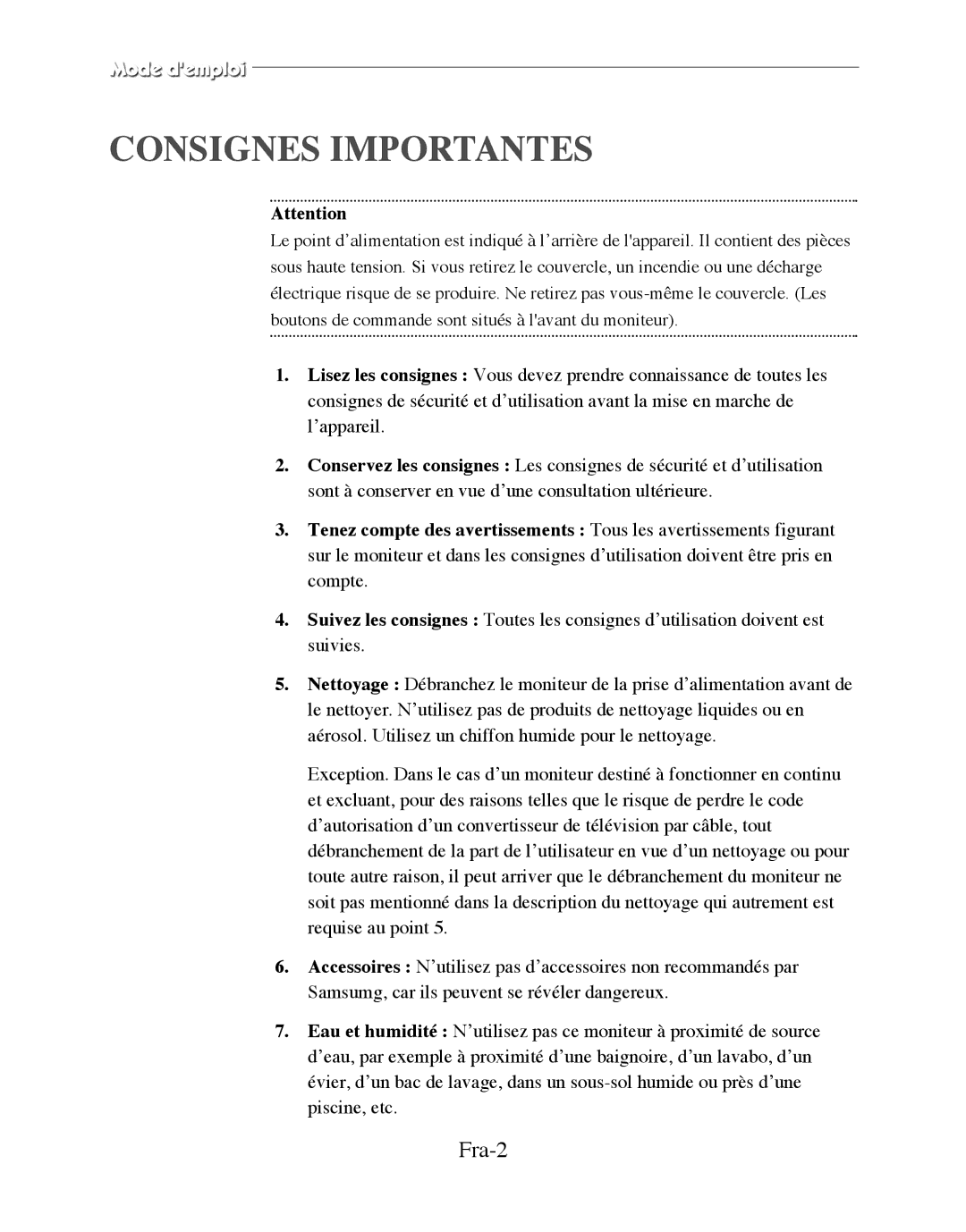 Samsung SMT-170MP manual Consignes Importantes, Fra-2 