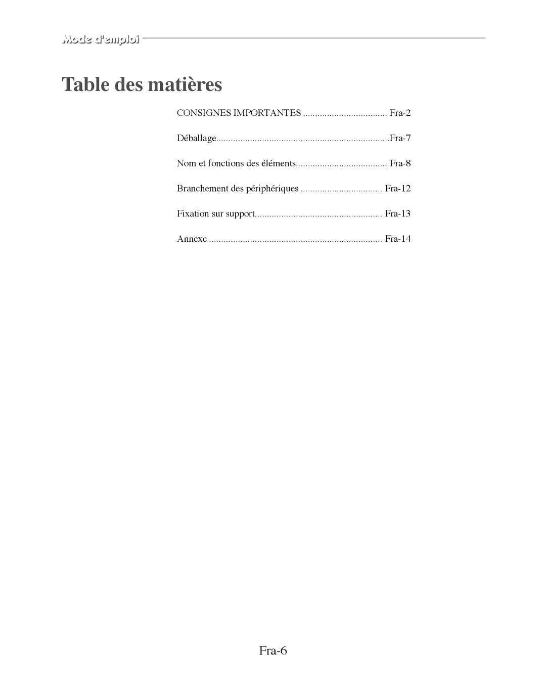 Samsung SMT-170MP manual Table des matières, Fra-6 