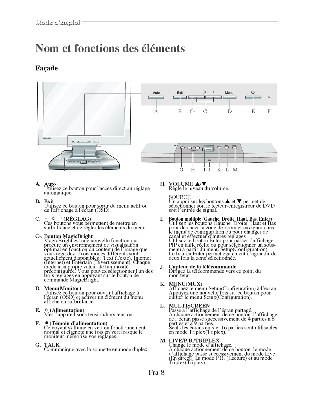 Samsung SMT-170MP manual Nom et fonctions des éléments, Façade, Fra-8, Volume 