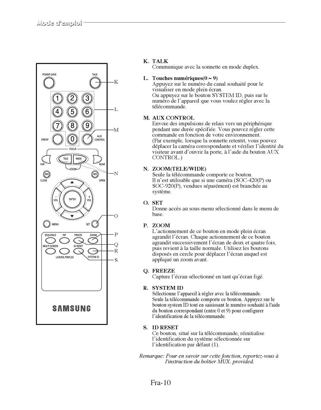 Samsung SMT-170MP manual Fra-10, Touches numériques0 ~ 