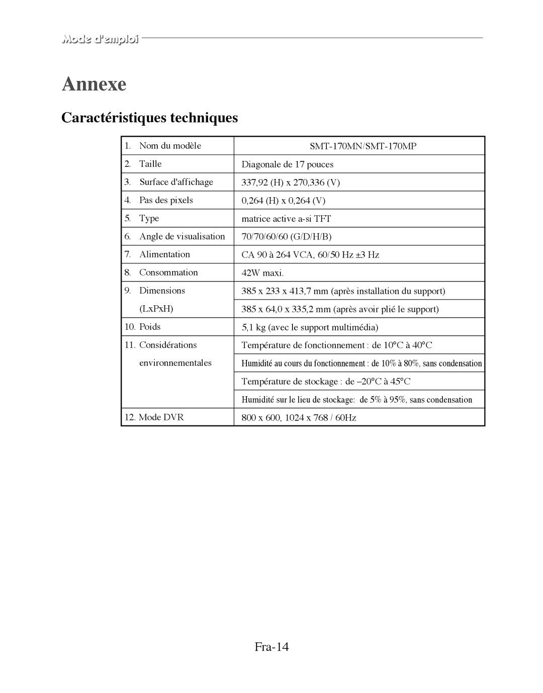 Samsung SMT-170MP manual Annexe, Caractéristiques techniques, Fra-14 