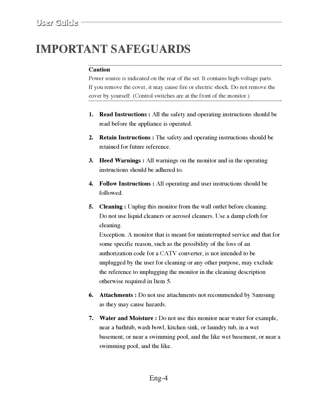 Samsung SMT-170MP manual Important Safeguards, Eng-4 