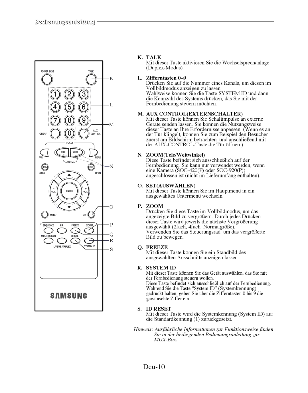 Samsung SMT-170MP manual Deu-10, Zifferntasten, AUX Controlexternschalter, ZOOMTele/Weitwinkel, Setauswählen 