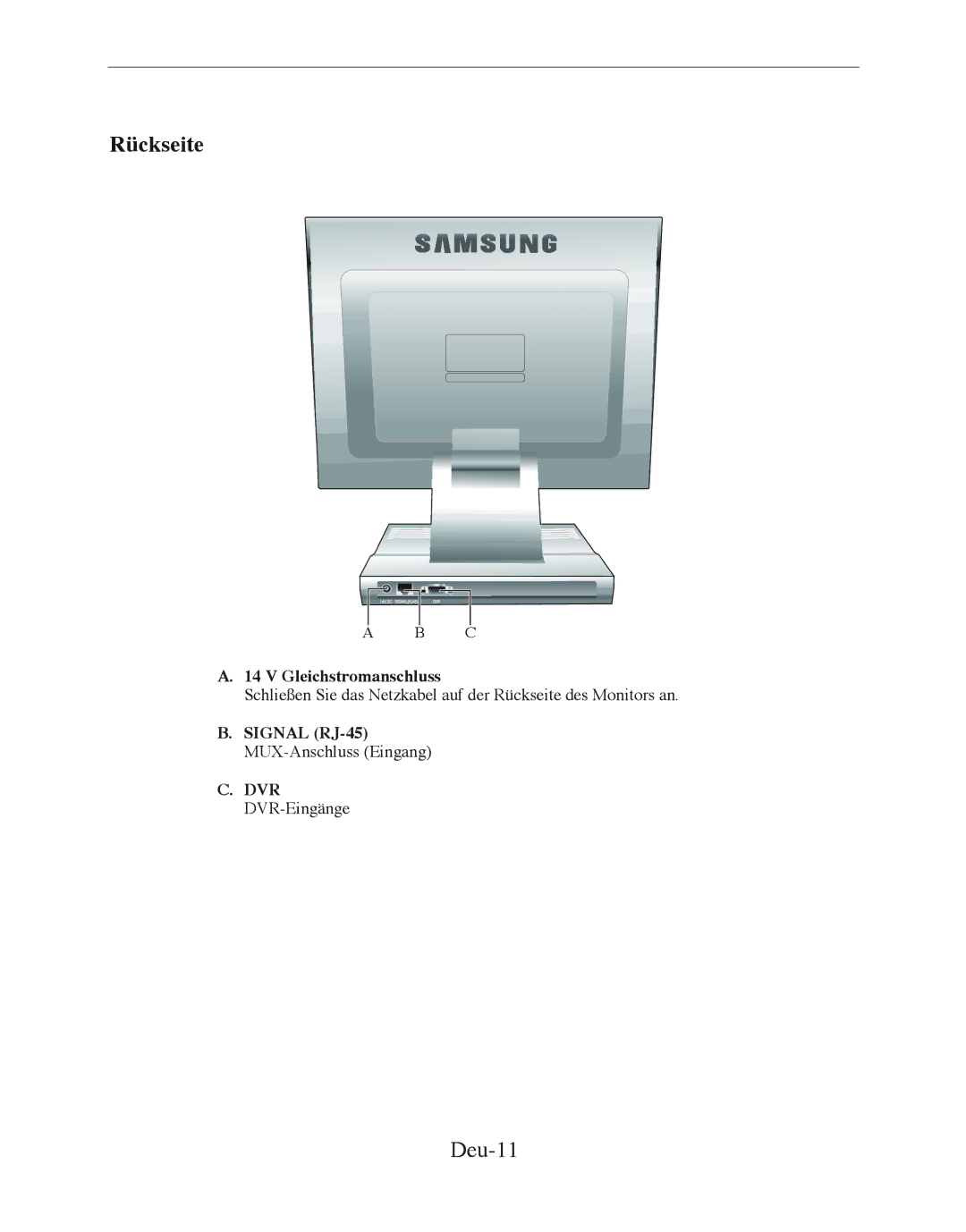 Samsung SMT-170MP manual Rückseite, Deu-11, Gleichstromanschluss, Signal RJ-45 MUX-Anschluss Eingang DVR DVR-Eingänge 