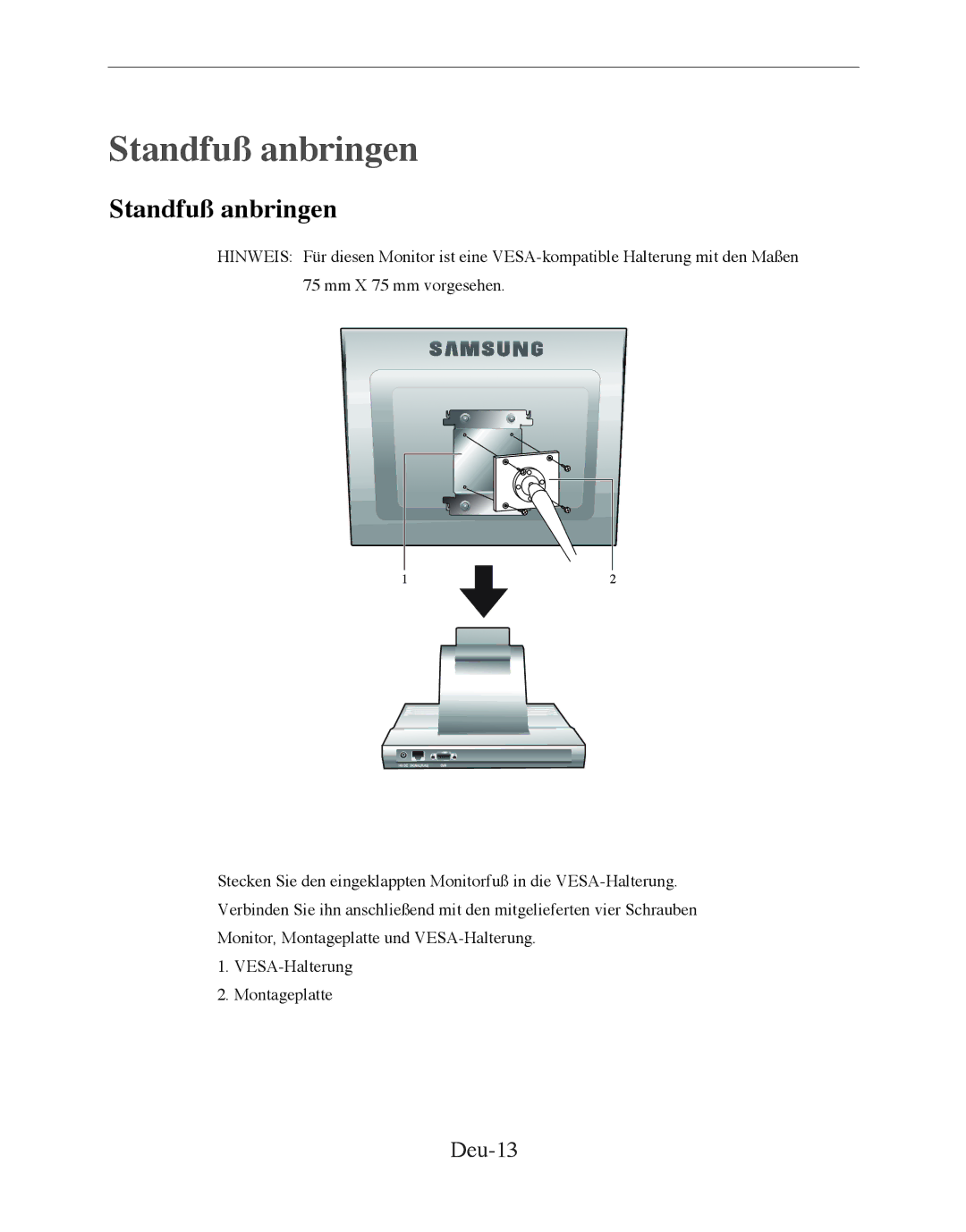 Samsung SMT-170MP manual Standfuß anbringen, Deu-13 