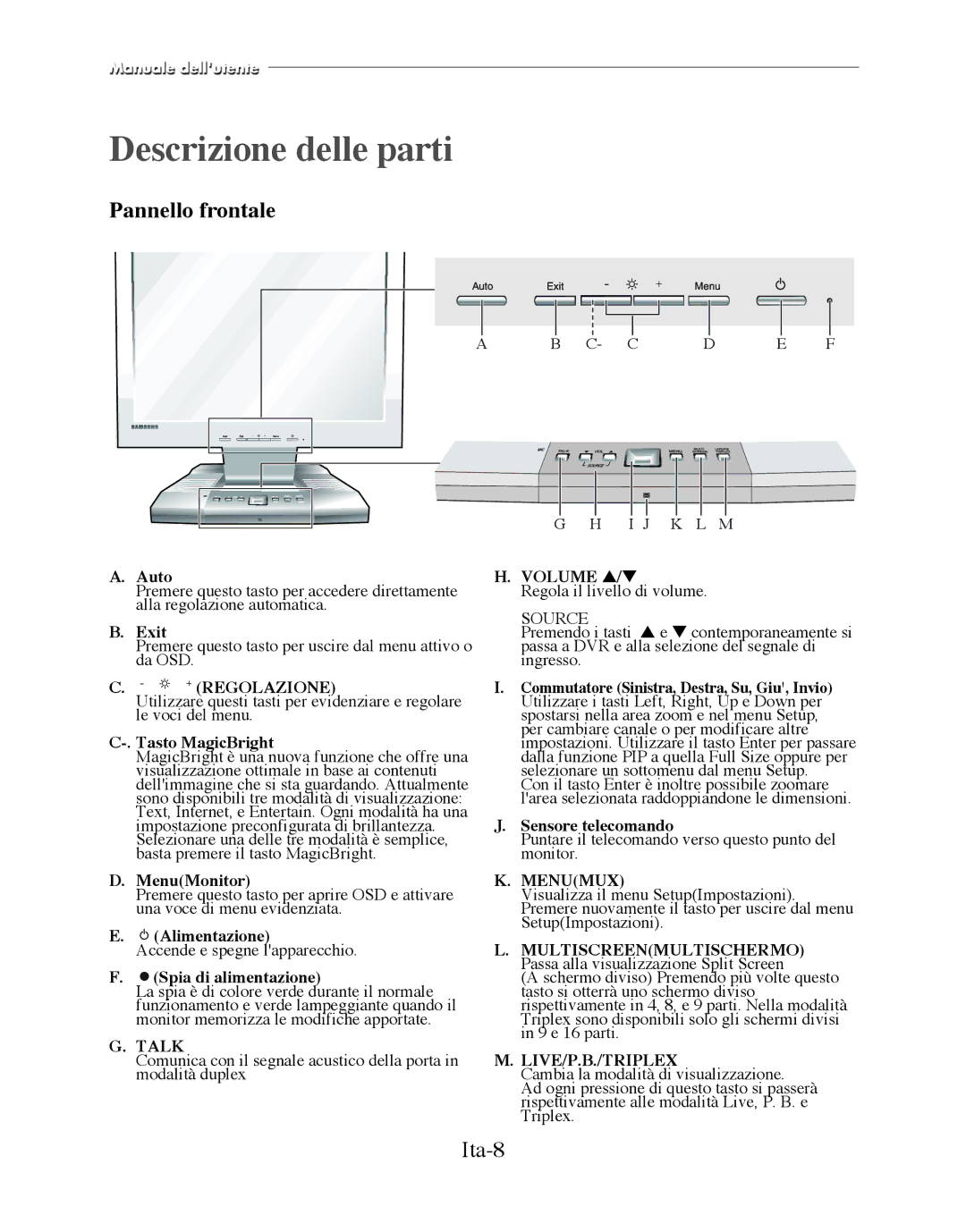 Samsung SMT-170MP manual Descrizione delle parti, Pannello frontale, Ita-8, Regolazione 