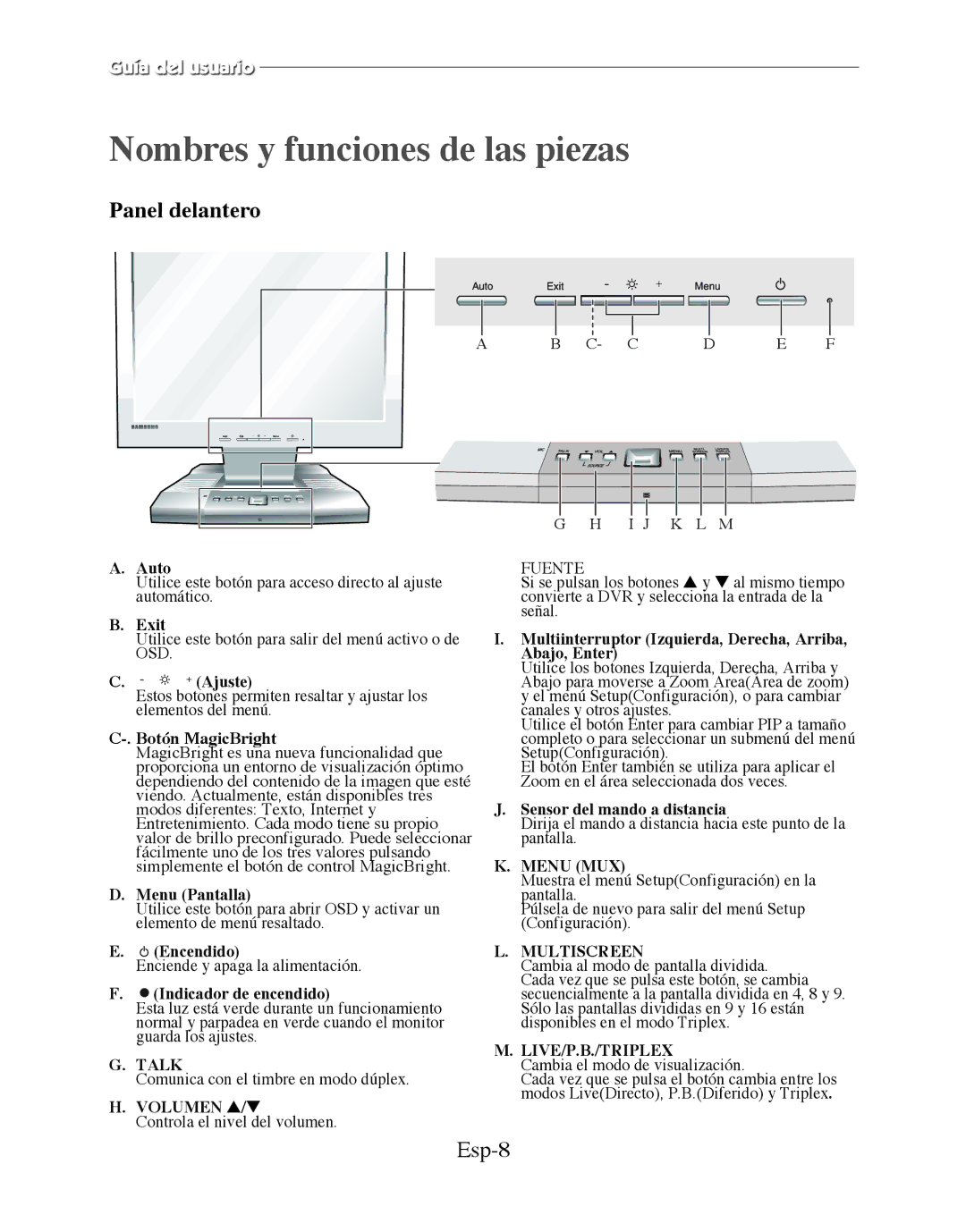 Samsung SMT-170MP manual Nombres y funciones de las piezas, Panel delantero, Esp-8, Volumen, Menu MUX 