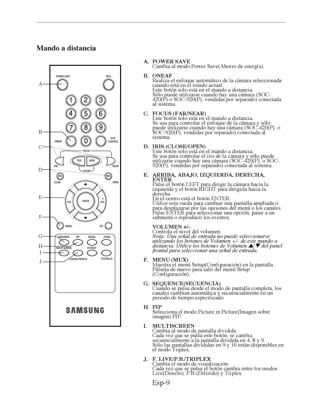 Samsung SMT-170MP manual Mando a distancia, Esp-9 