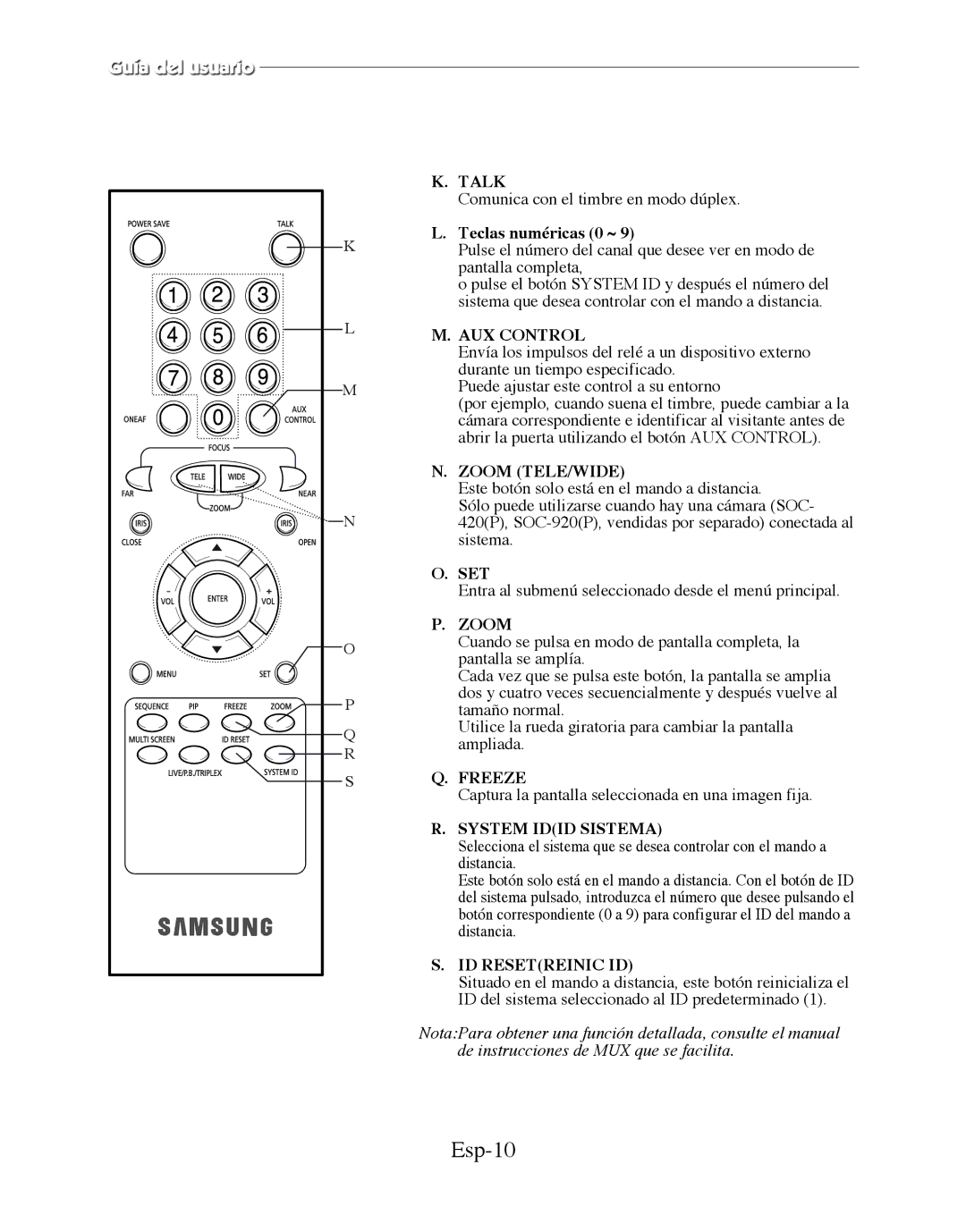 Samsung SMT-170MP manual Esp-10, Teclas numéricas 0 ~, Zoom TELE/WIDE, System Idid Sistema, ID Resetreinic ID 