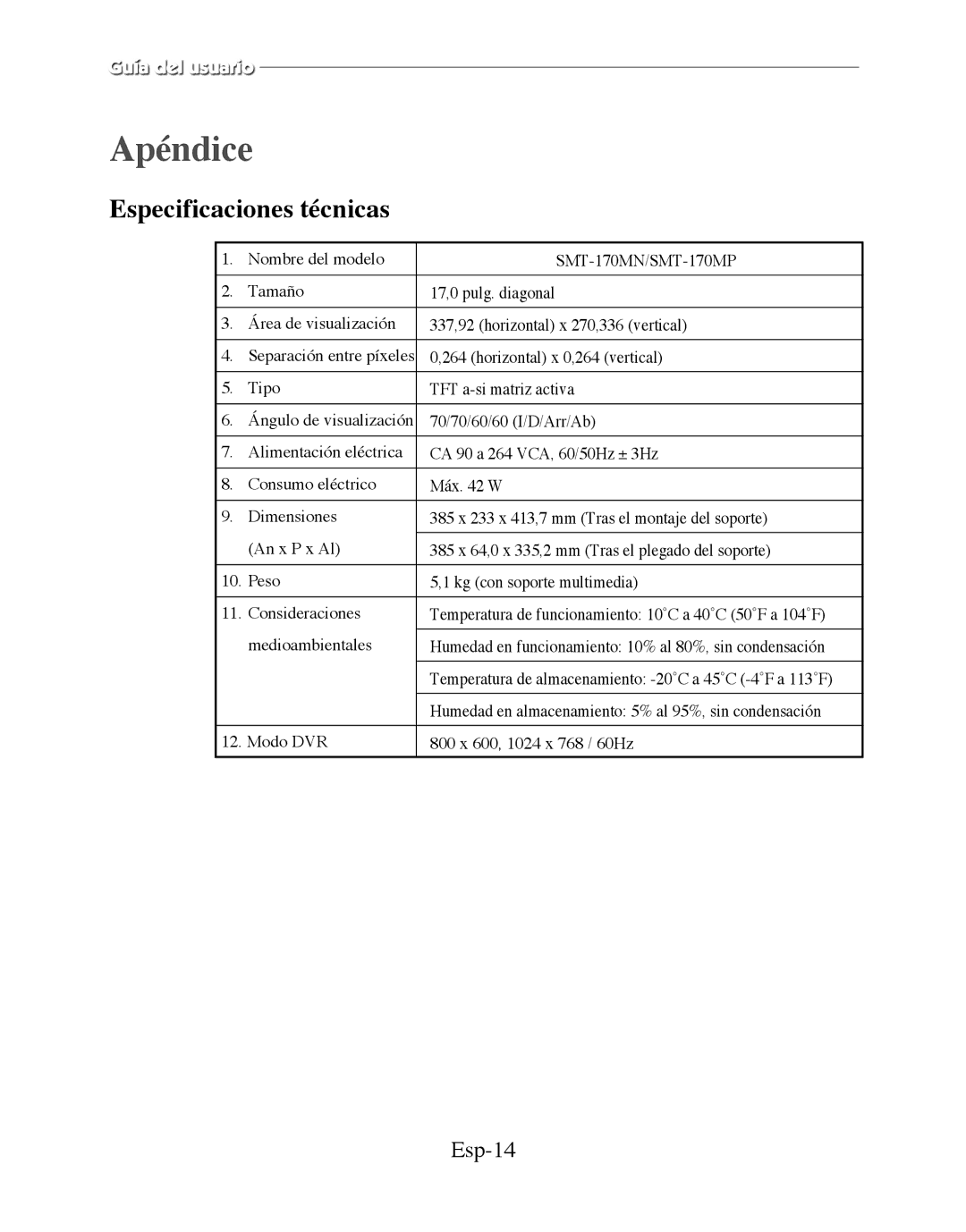 Samsung SMT-170MP manual Apéndice, Especificaciones técnicas, Esp-14 