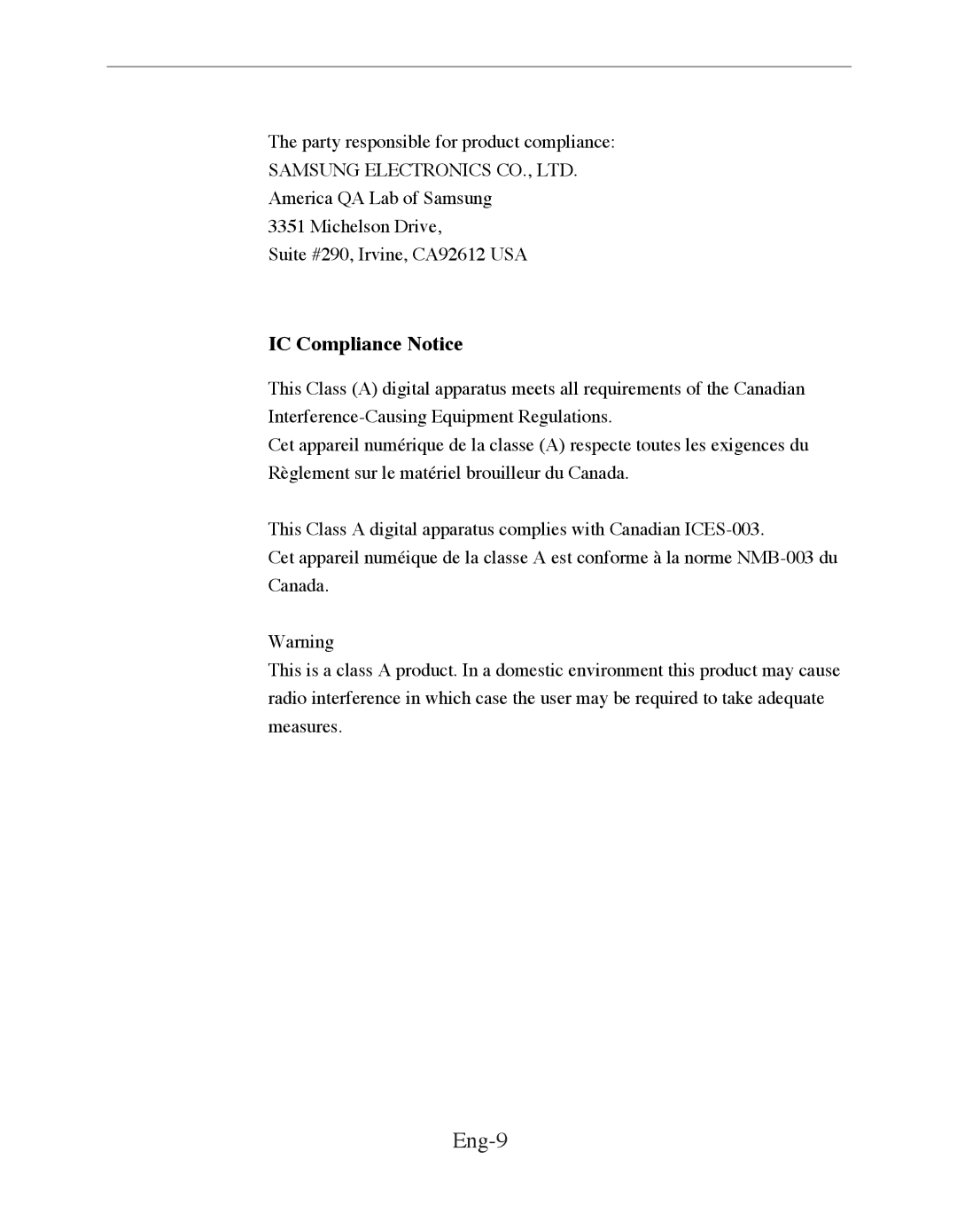 Samsung SMT-170MP manual Eng-9, IC Compliance Notice 