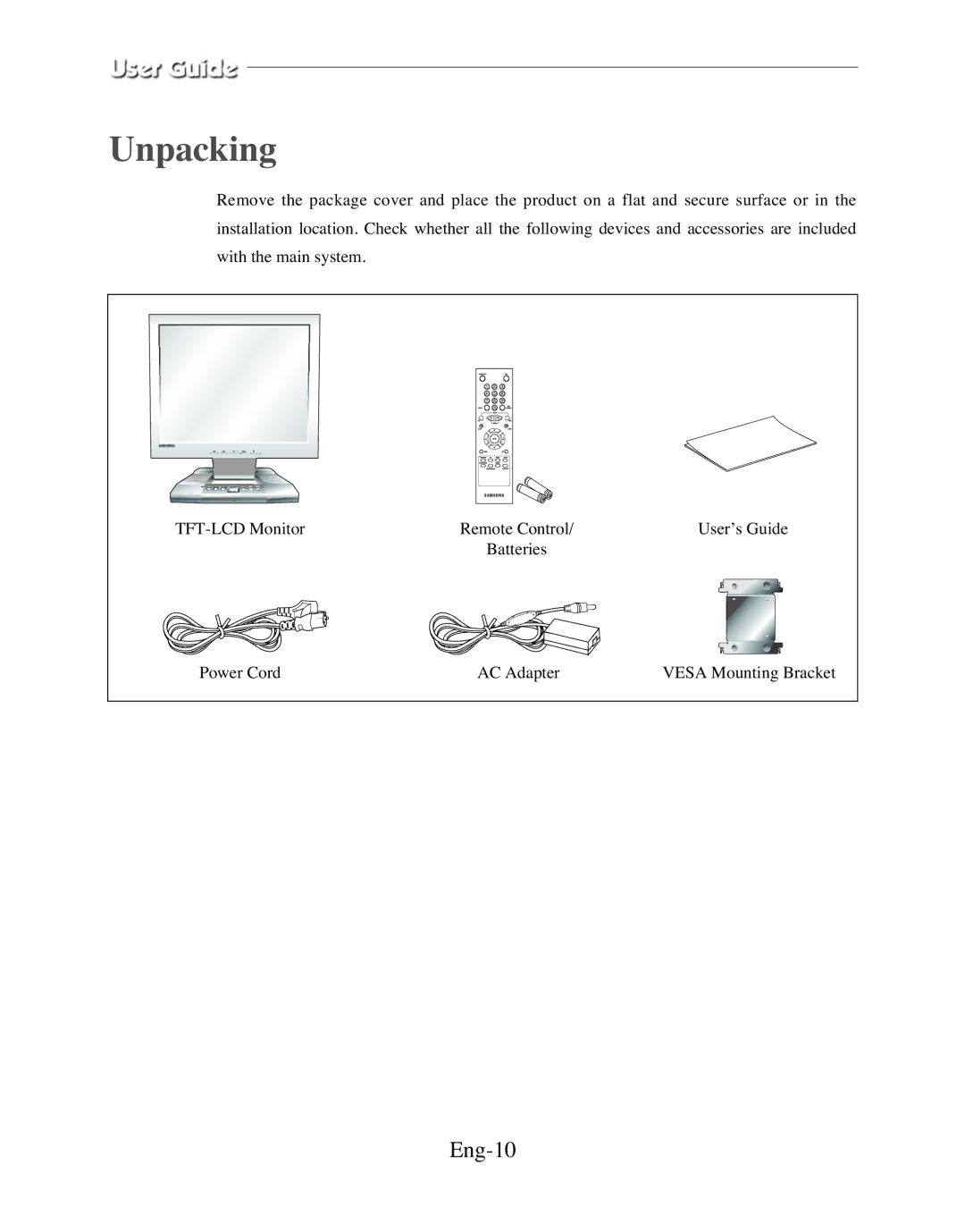 Samsung SMT-170MP manual Unpacking, Eng-10 