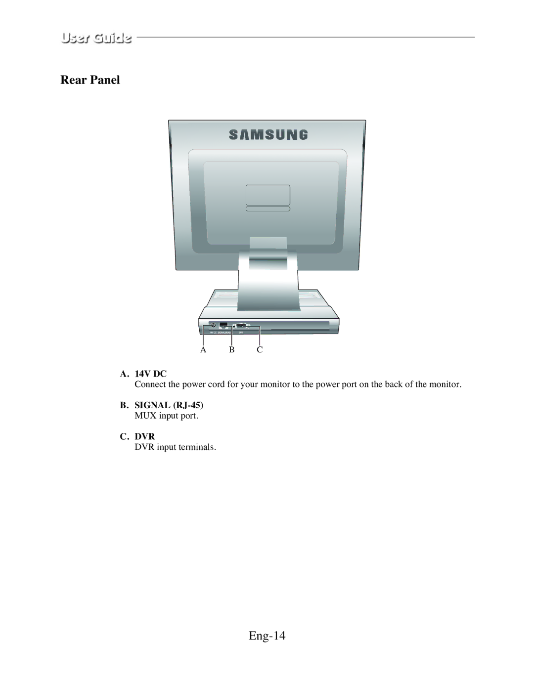 Samsung SMT-170MP manual Rear Panel, Eng-14, 14V DC, Signal RJ-45 MUX input port, Dvr 