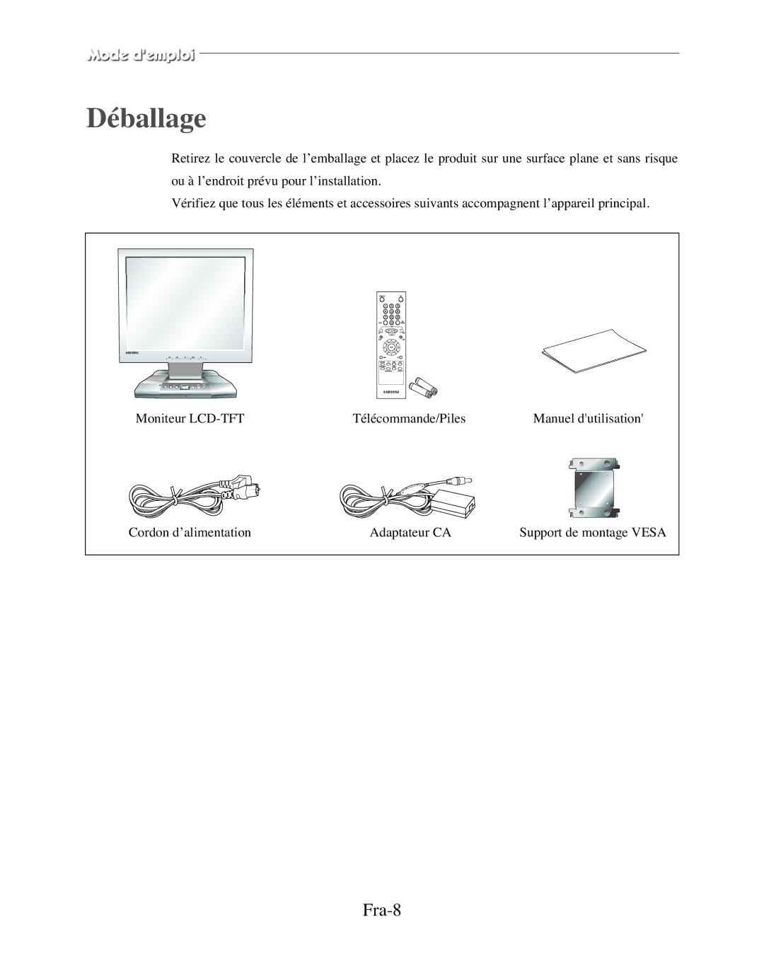 Samsung SMT-170MP manual Déballage, Fra-8 