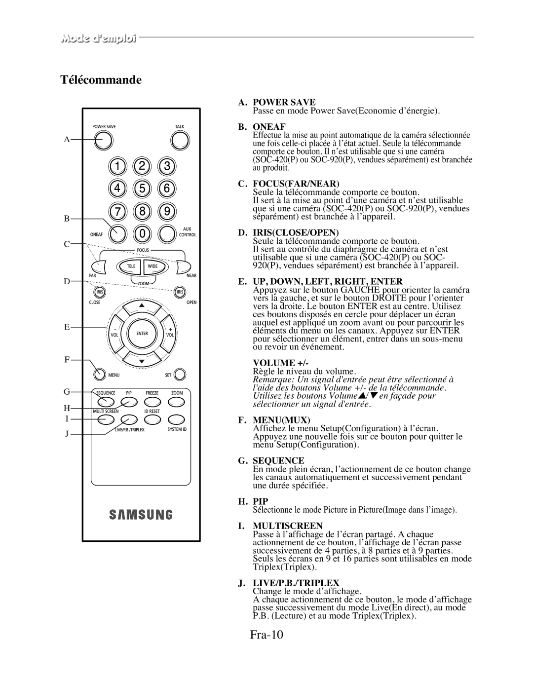 Samsung SMT-170MP manual Télécommande, Fra-10 