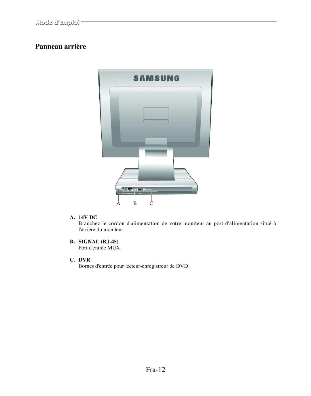 Samsung SMT-170MP manual Panneau arrière, Fra-12, Signal RJ-45 Port dentrée MUX 