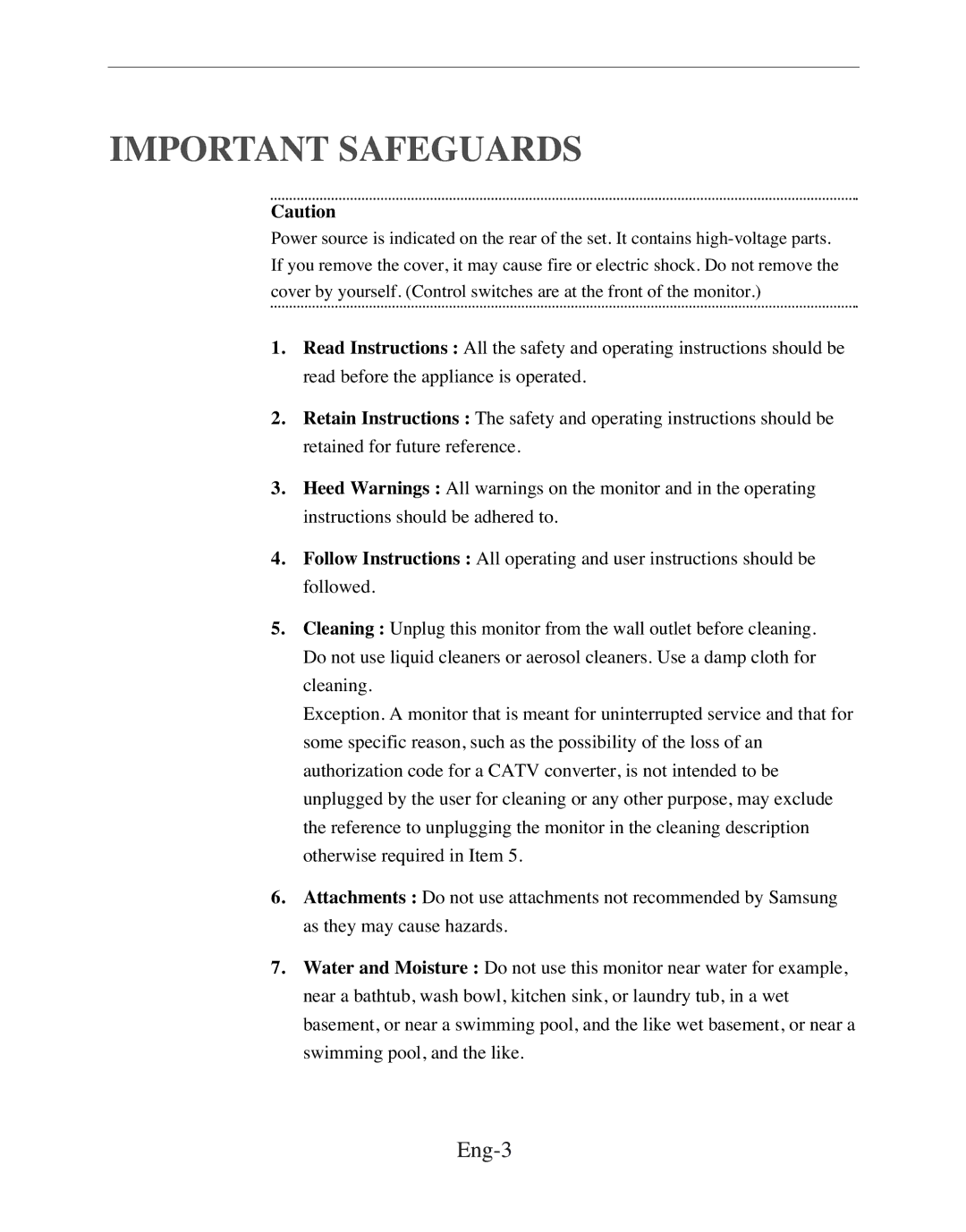 Samsung SMT-170MP manual Important Safeguards, Eng-3 