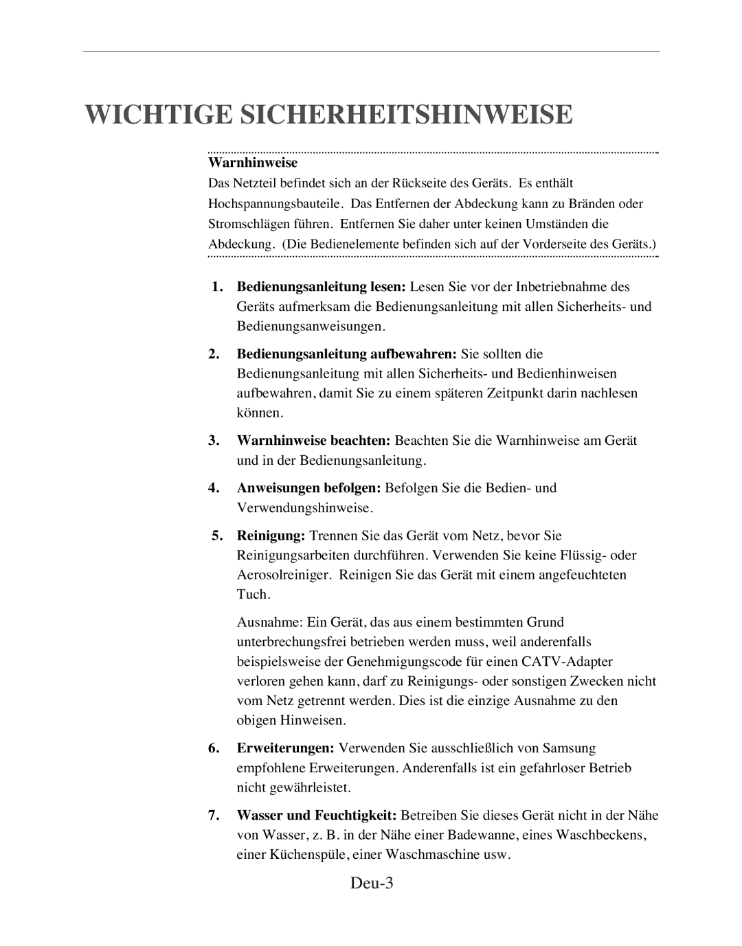 Samsung SMT-170MP manual Wichtige Sicherheitshinweise, Deu-3 