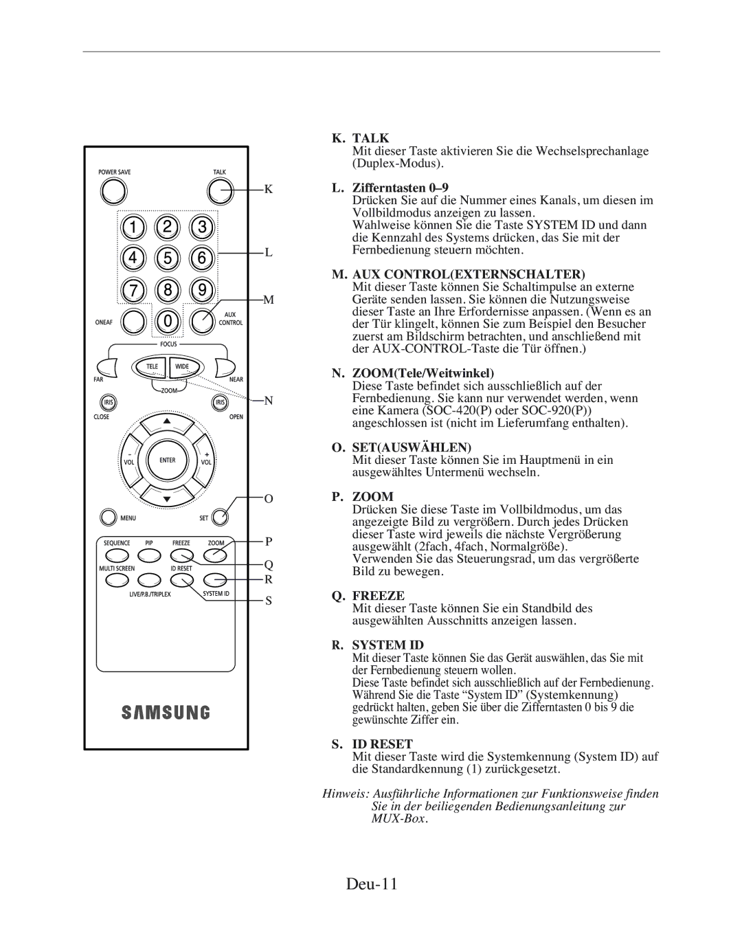 Samsung SMT-170MP manual Deu-11, Zifferntasten, AUX Controlexternschalter, ZOOMTele/Weitwinkel, Setauswählen 