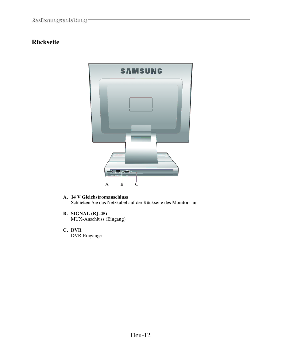 Samsung SMT-170MP manual Rückseite, Deu-12, Gleichstromanschluss, Signal RJ-45 MUX-Anschluss Eingang DVR DVR-Eingänge 