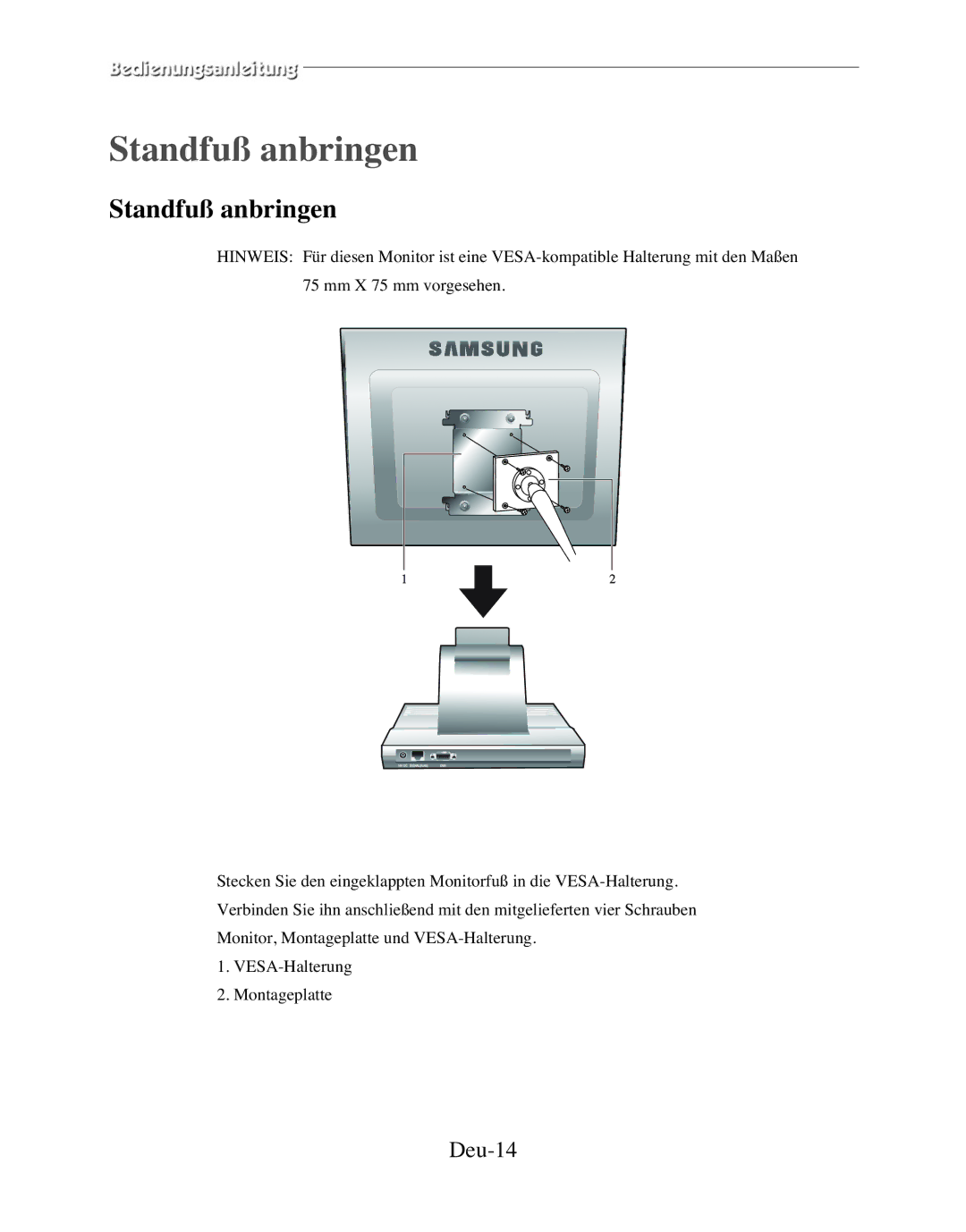 Samsung SMT-170MP manual Standfuß anbringen, Deu-14 