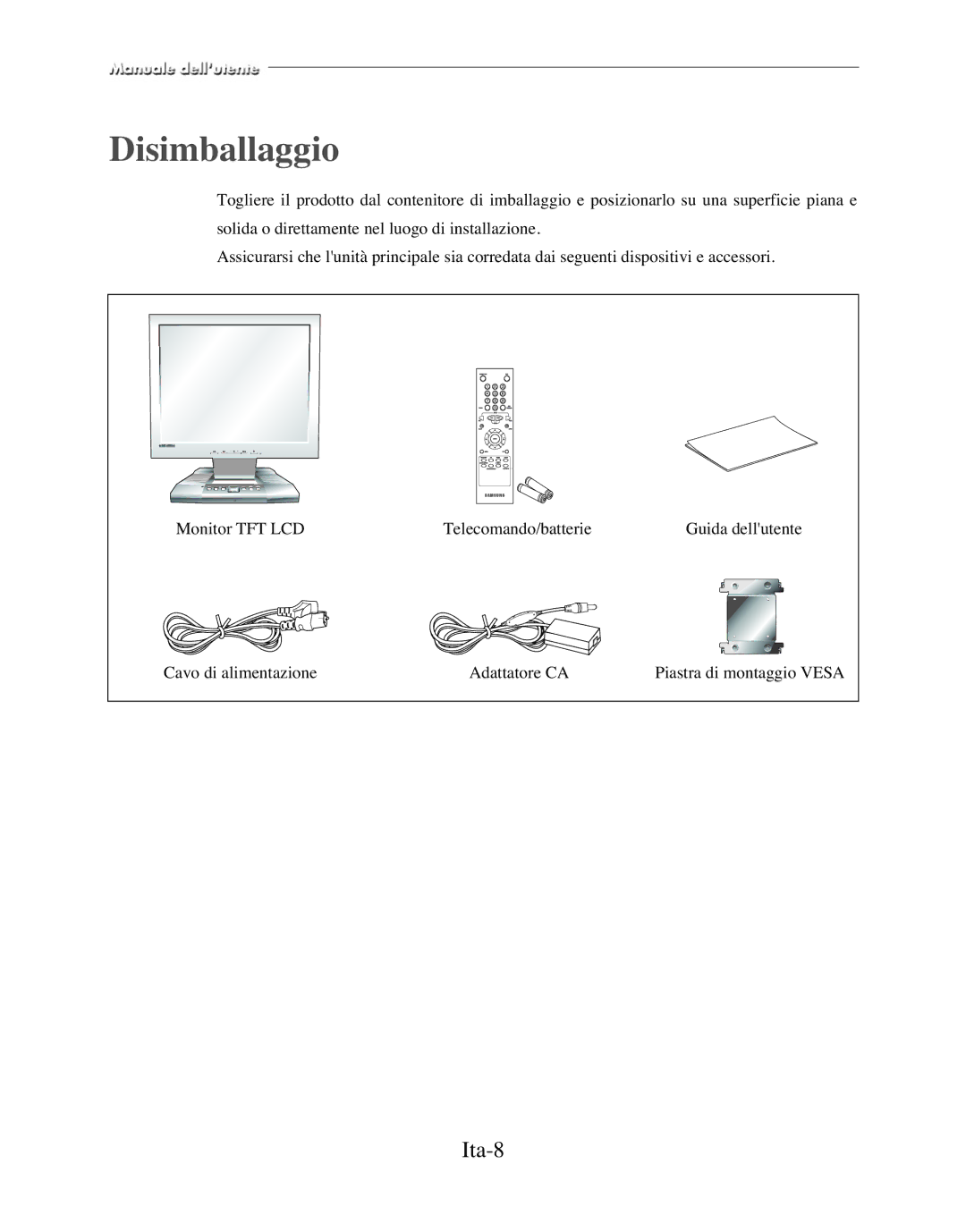 Samsung SMT-170MP manual Disimballaggio, Ita-8 