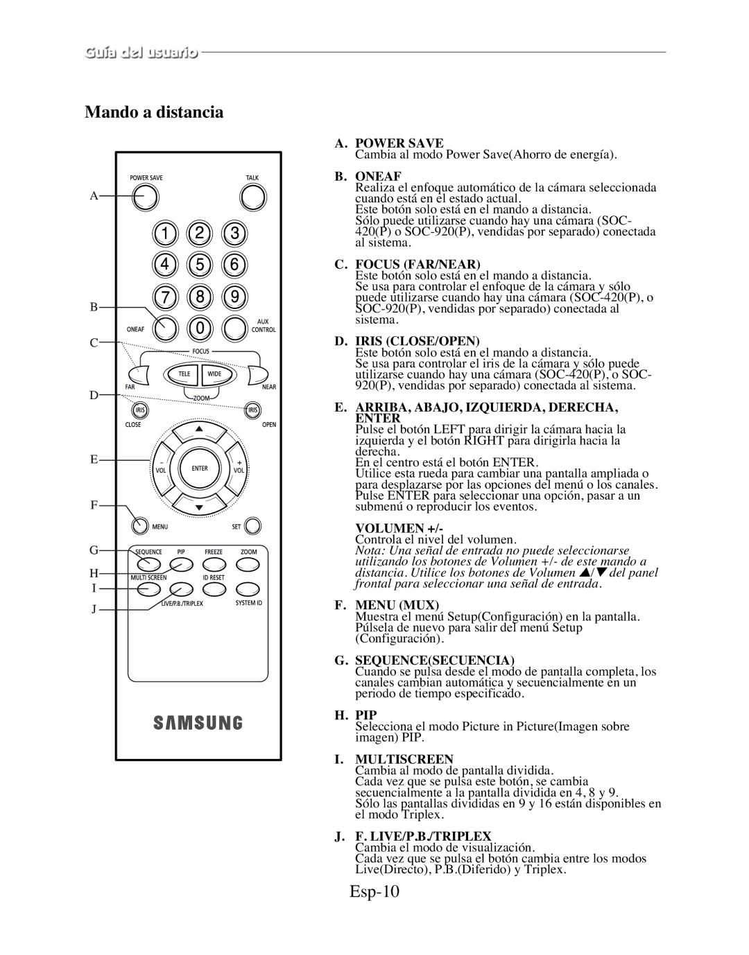 Samsung SMT-170MP manual Mando a distancia, Esp-10 