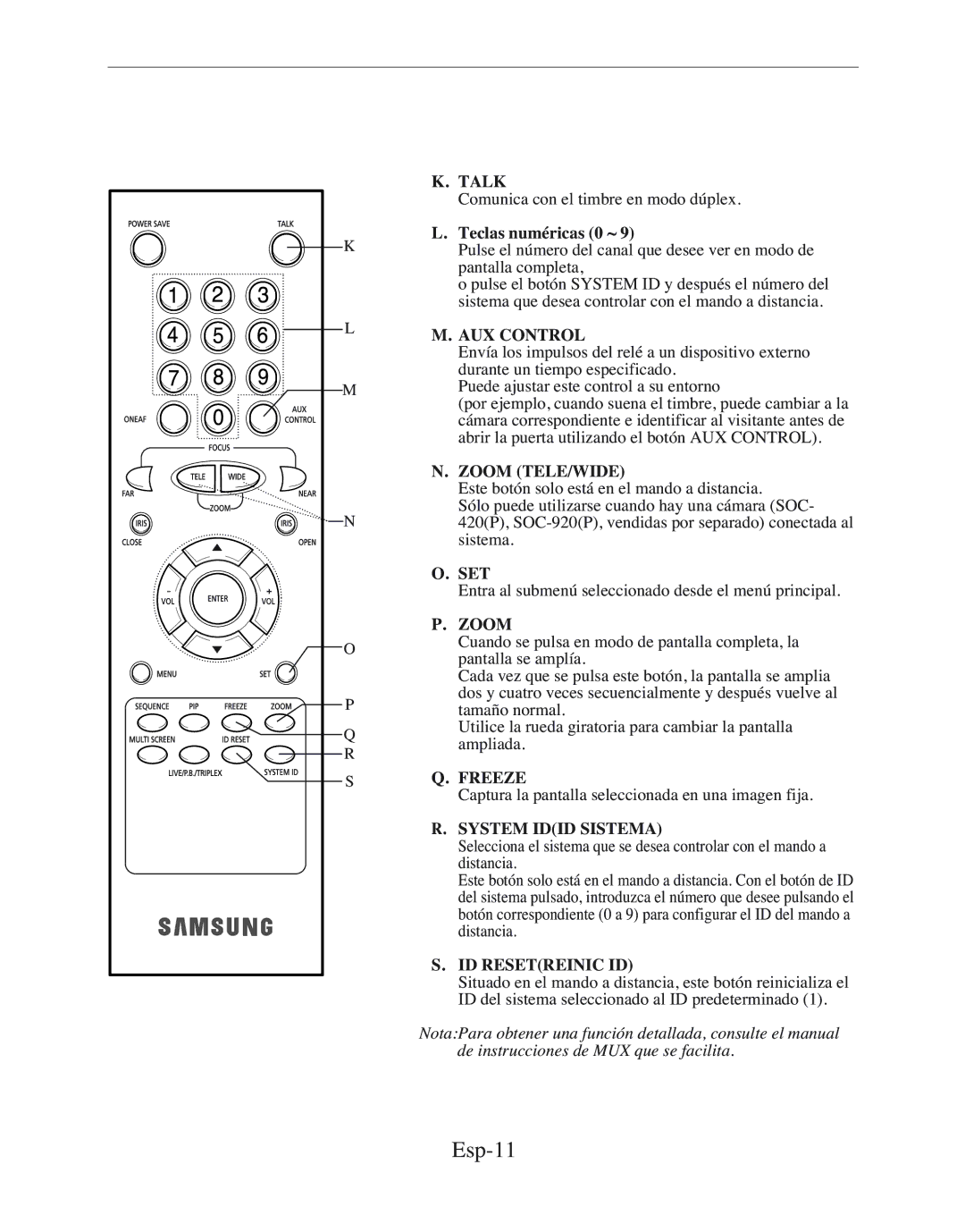 Samsung SMT-170MP manual Esp-11, Teclas numéricas 0 ~, Zoom TELE/WIDE, System Idid Sistema, ID Resetreinic ID 