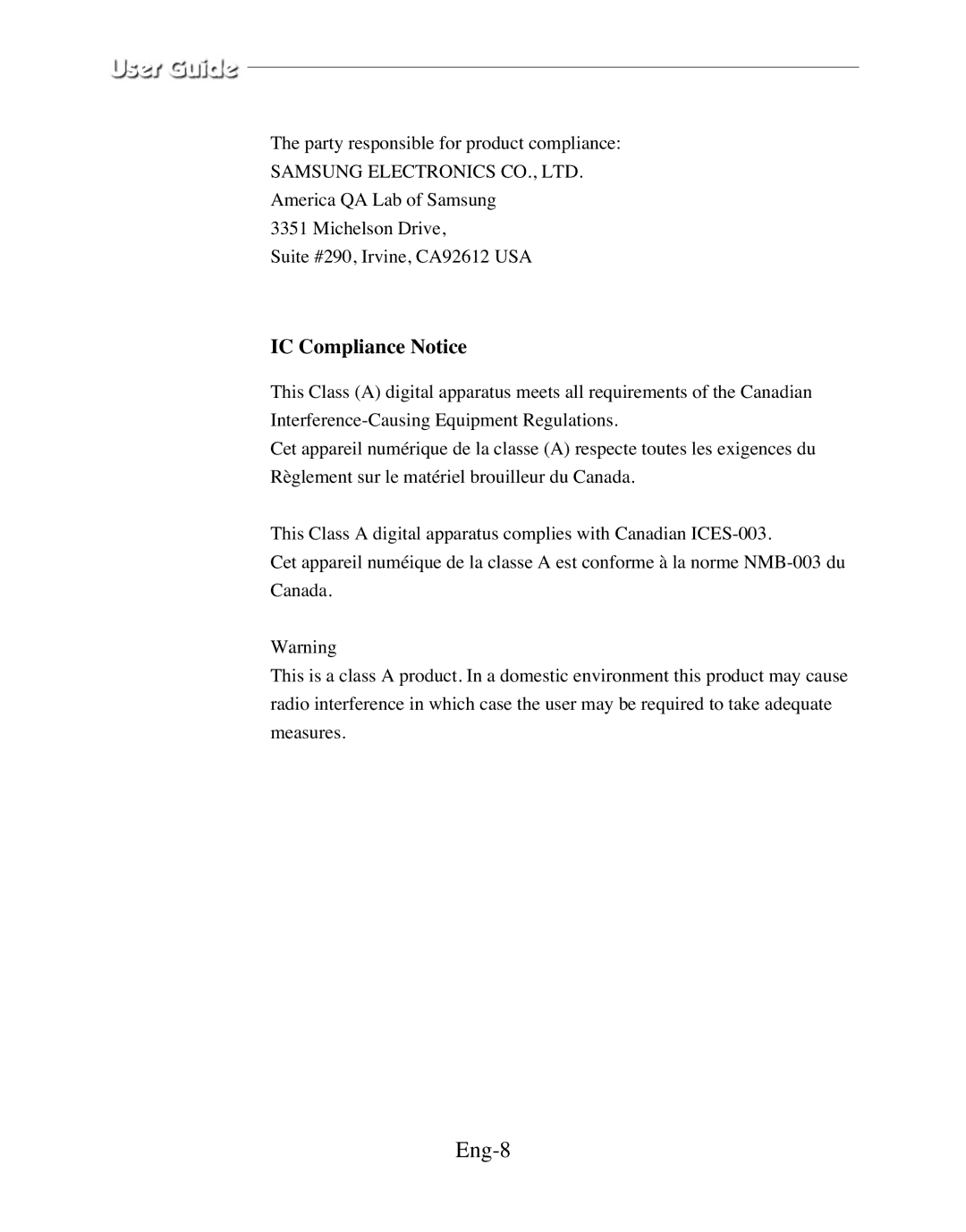 Samsung SMT-170MP manual Eng-8, IC Compliance Notice 