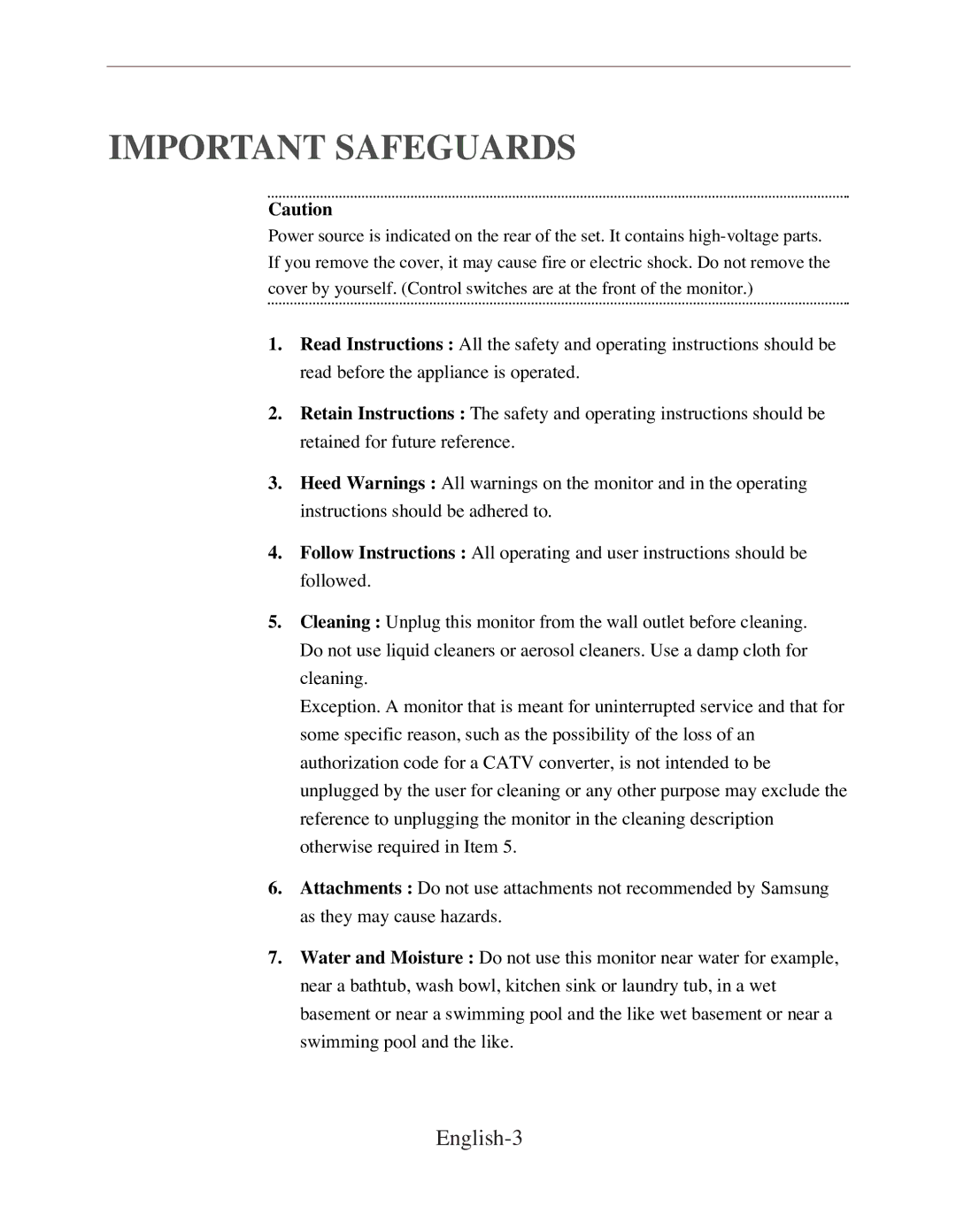 Samsung SMT-170P manual Important Safeguards 