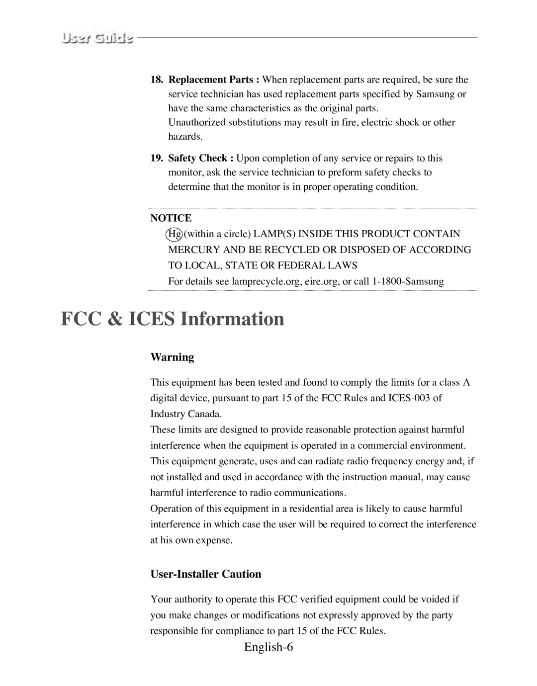 Samsung SMT-170P manual FCC & Ices Information, User-Installer Caution 