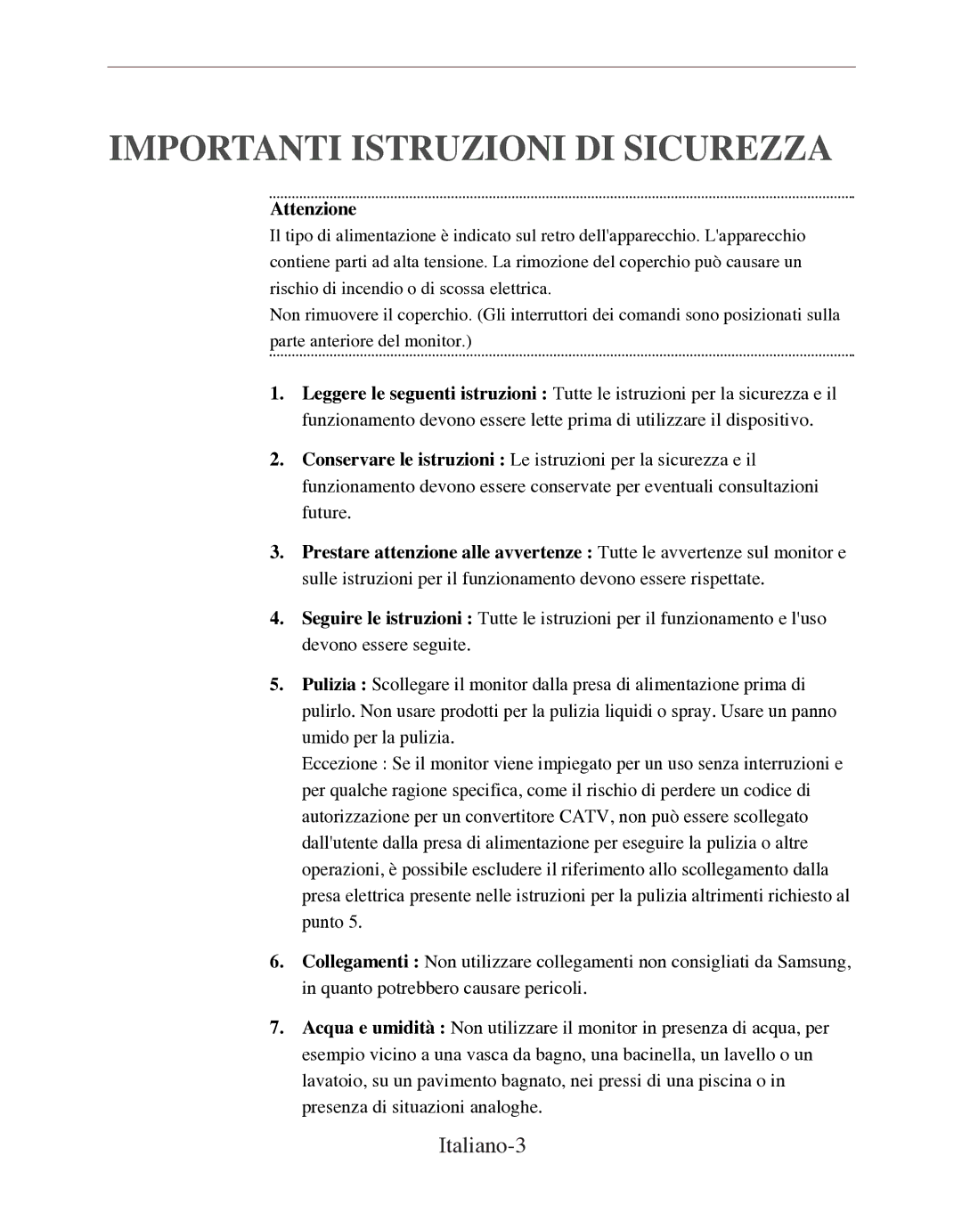 Samsung SMT-170P manual Importanti Istruzioni DI Sicurezza, Italiano-3 