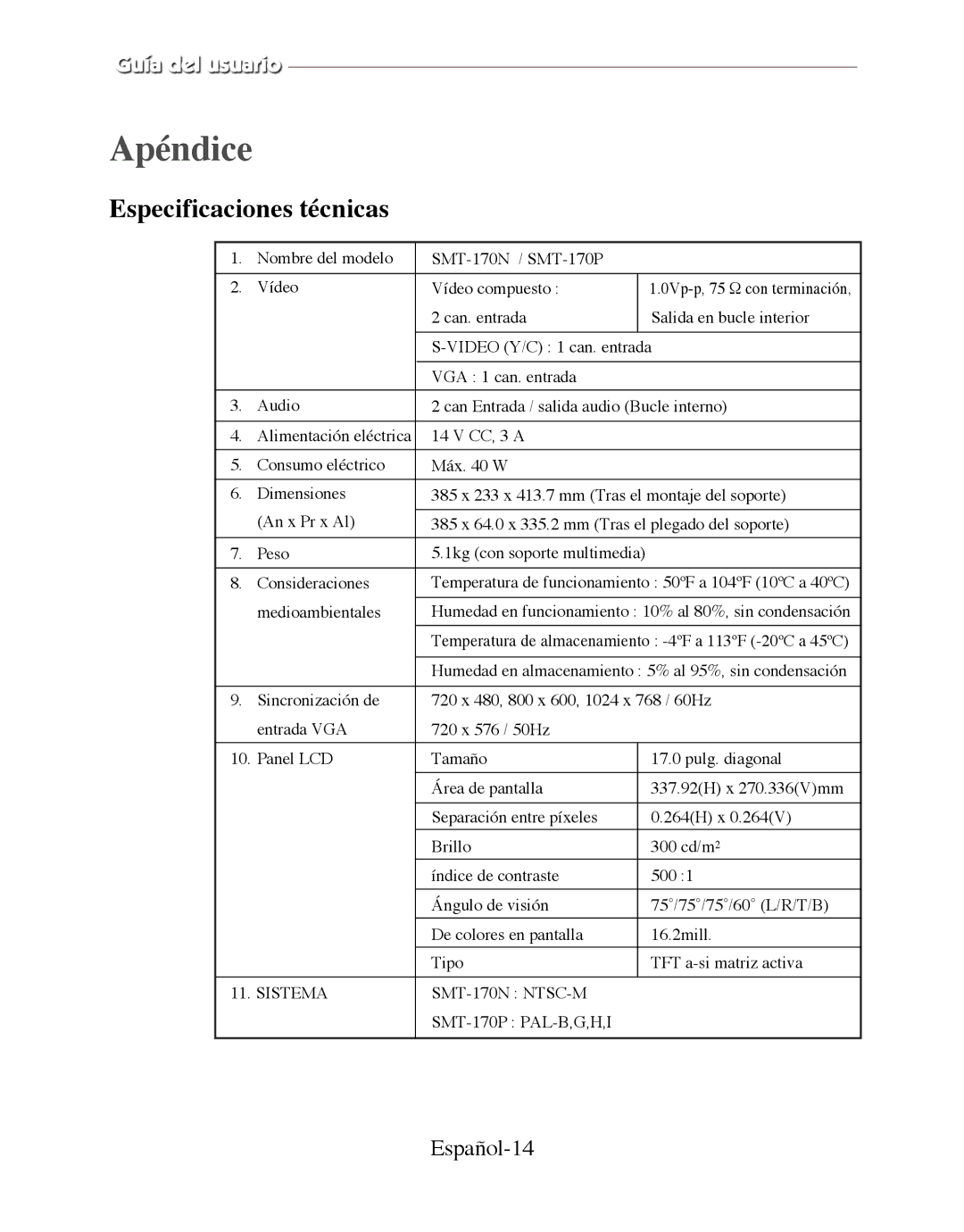 Samsung SMT-170P manual Apéndice, Español-14 