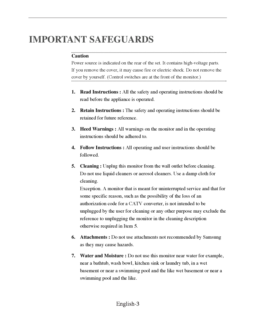 Samsung SMT-170P manual Important Safeguards, English-3 