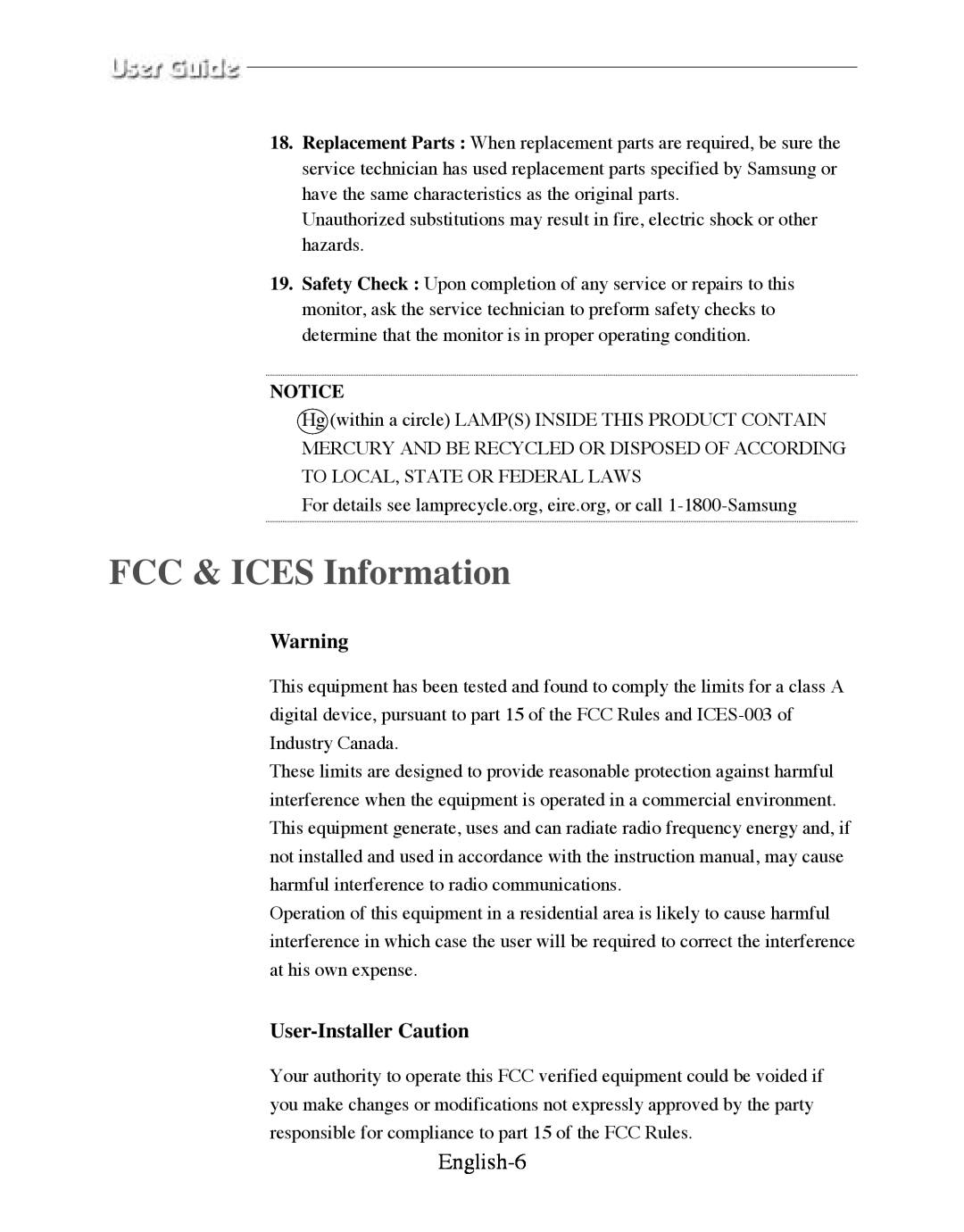 Samsung SMT-170P manual FCC & ICES Information, English-6, User-Installer Caution 