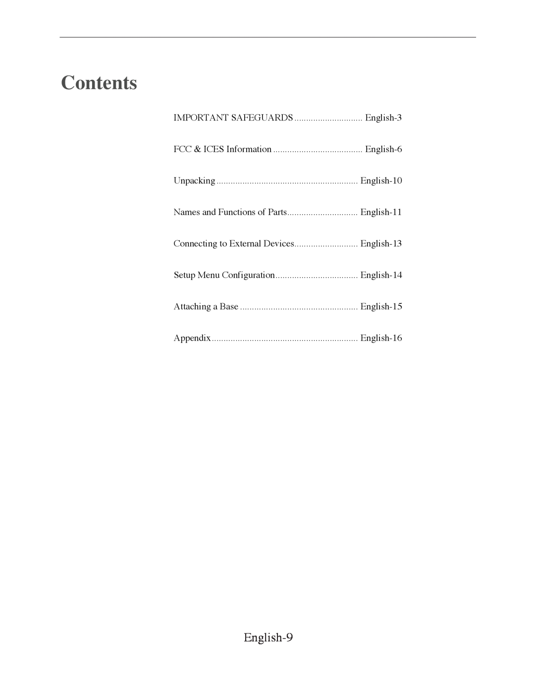 Samsung SMT-170P manual Contents, English-9, FCC & ICES Information, Names and Functions of Parts, Setup Menu Configuration 