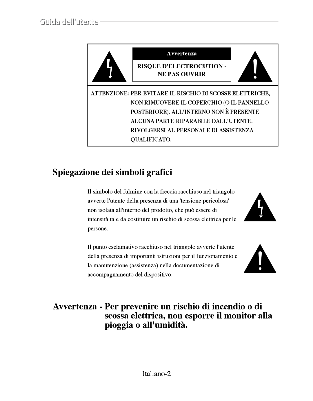 Samsung SMT-170P manual Italiano-2, Risque Delectrocution Ne Pas Ouvrir, Spiegazione dei simboli grafici, Avvertenza 