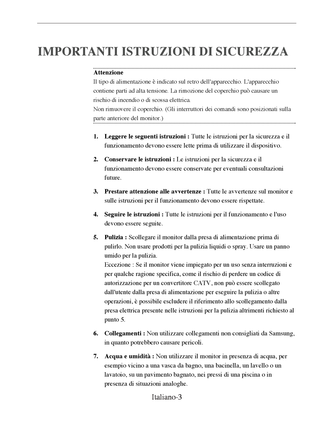 Samsung SMT-170P manual Importanti Istruzioni Di Sicurezza, Italiano-3, Attenzione 