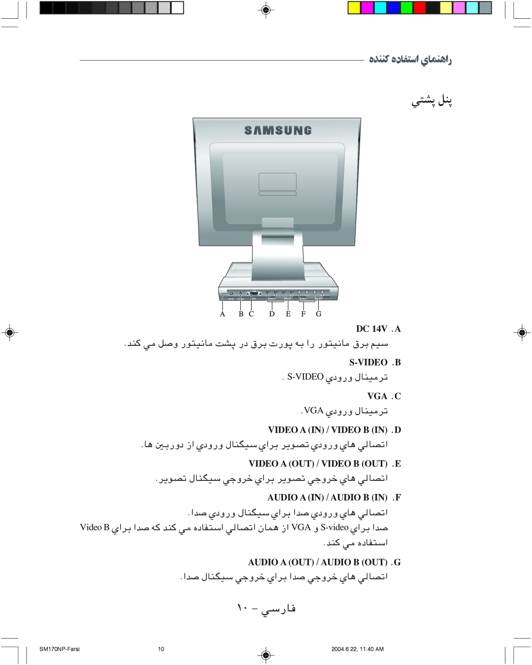 Samsung SMT-170P ﻲﺘﺸﭘ ﻞﻨﭘ, ۱۰ - ﻲﺳرﺎﻓ, DC 14V .A, S-Video .B, Vga .C, Video A In / Video B In .D, هﺪﻨﻨﻛ هدﺎﻔﺘﺳا يﺎﻤﻨﻫار 