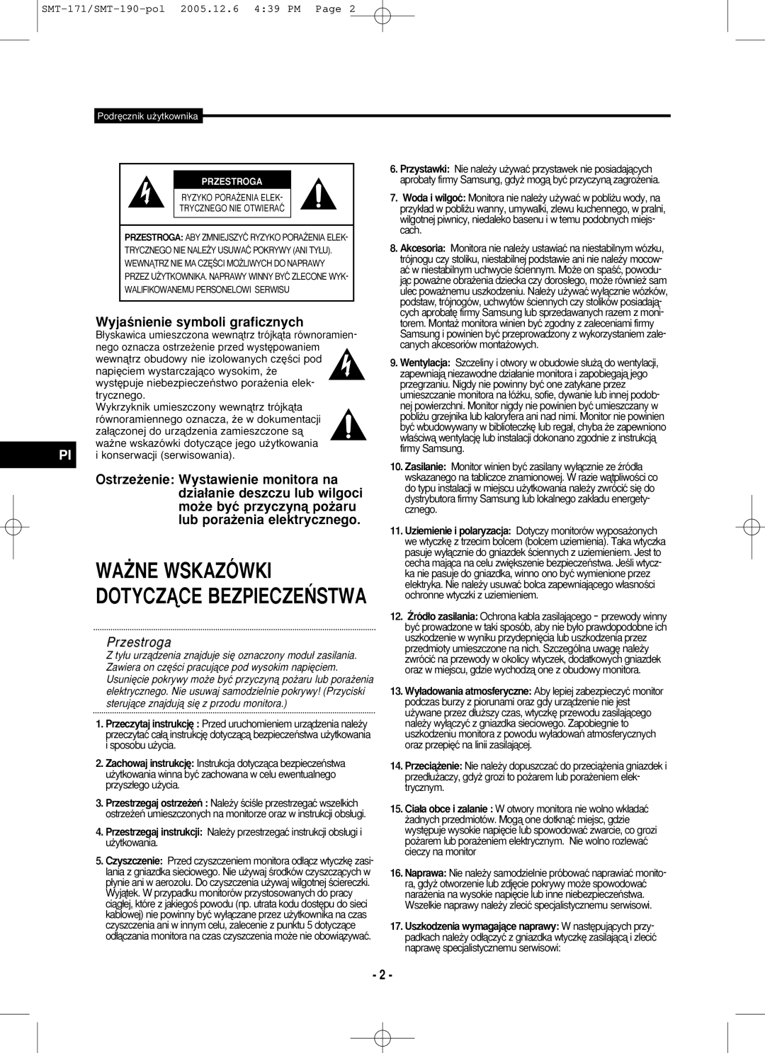 Samsung SMT-190N, SMT-171N, SMT-190P, SMT-171P user manual WyjaÊnienie symboli graficznych, Podr´cznik u˝ytkownika 