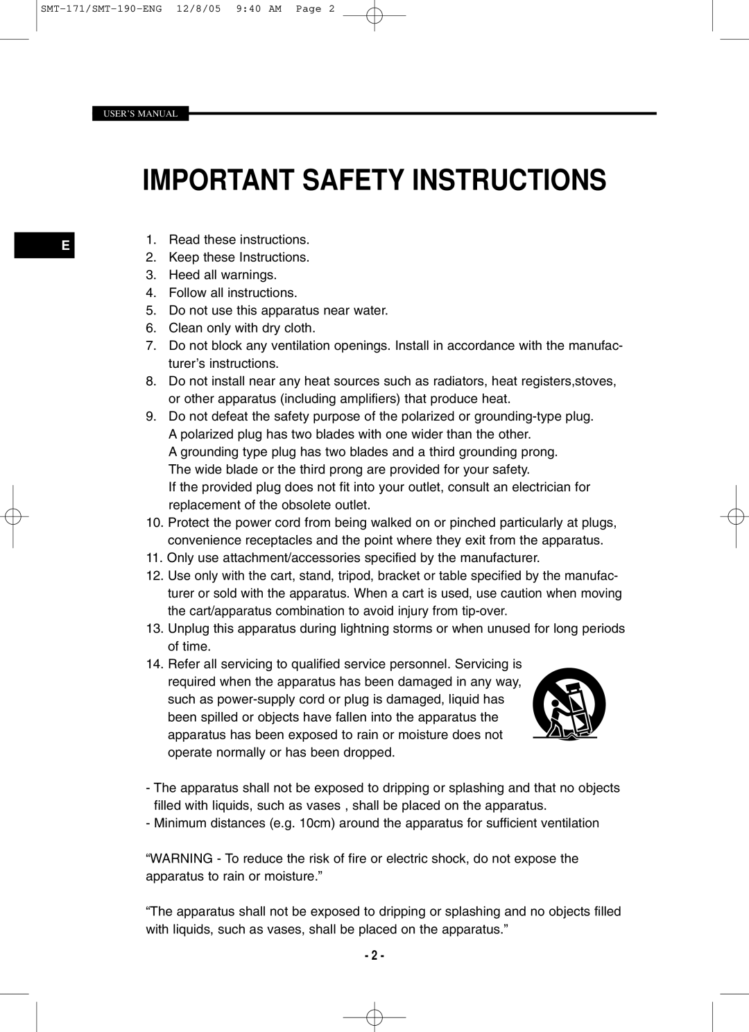 Samsung SMT-171P, SMT-171N, SMT-190P, SMT-190N user manual Important Safety Instructions 