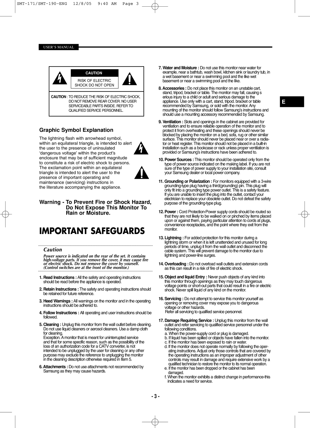 Samsung SMT-190N, SMT-171N, SMT-190P, SMT-171P user manual Important Safeguards, Graphic Symbol Explanation 