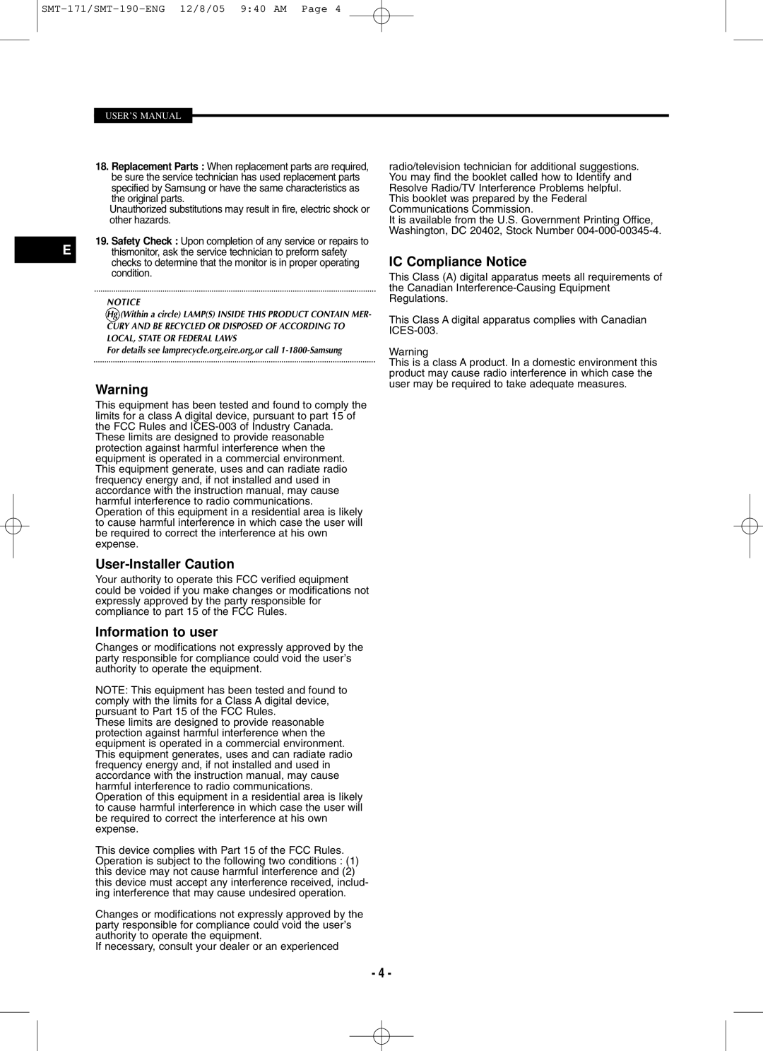 Samsung SMT-171N, SMT-190P, SMT-171P, SMT-190N user manual User-Installer Caution, Information to user, IC Compliance Notice 